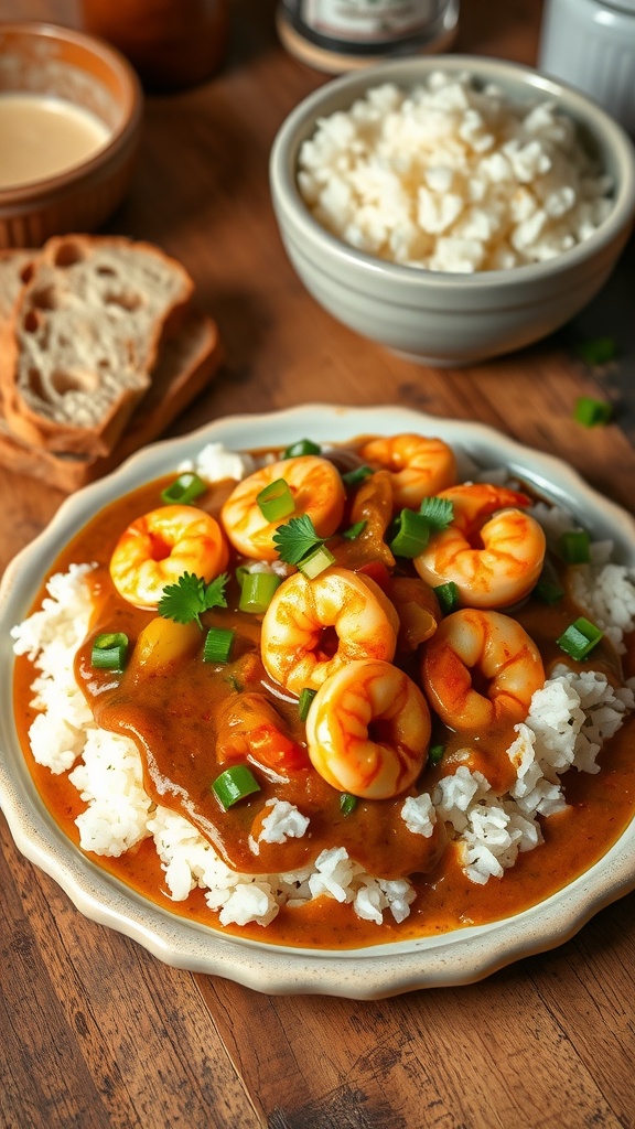Classic Shrimp Etouffee Recipe Shrimp etouffee over rice, garnished with green onions and parsley, on a rustic table.